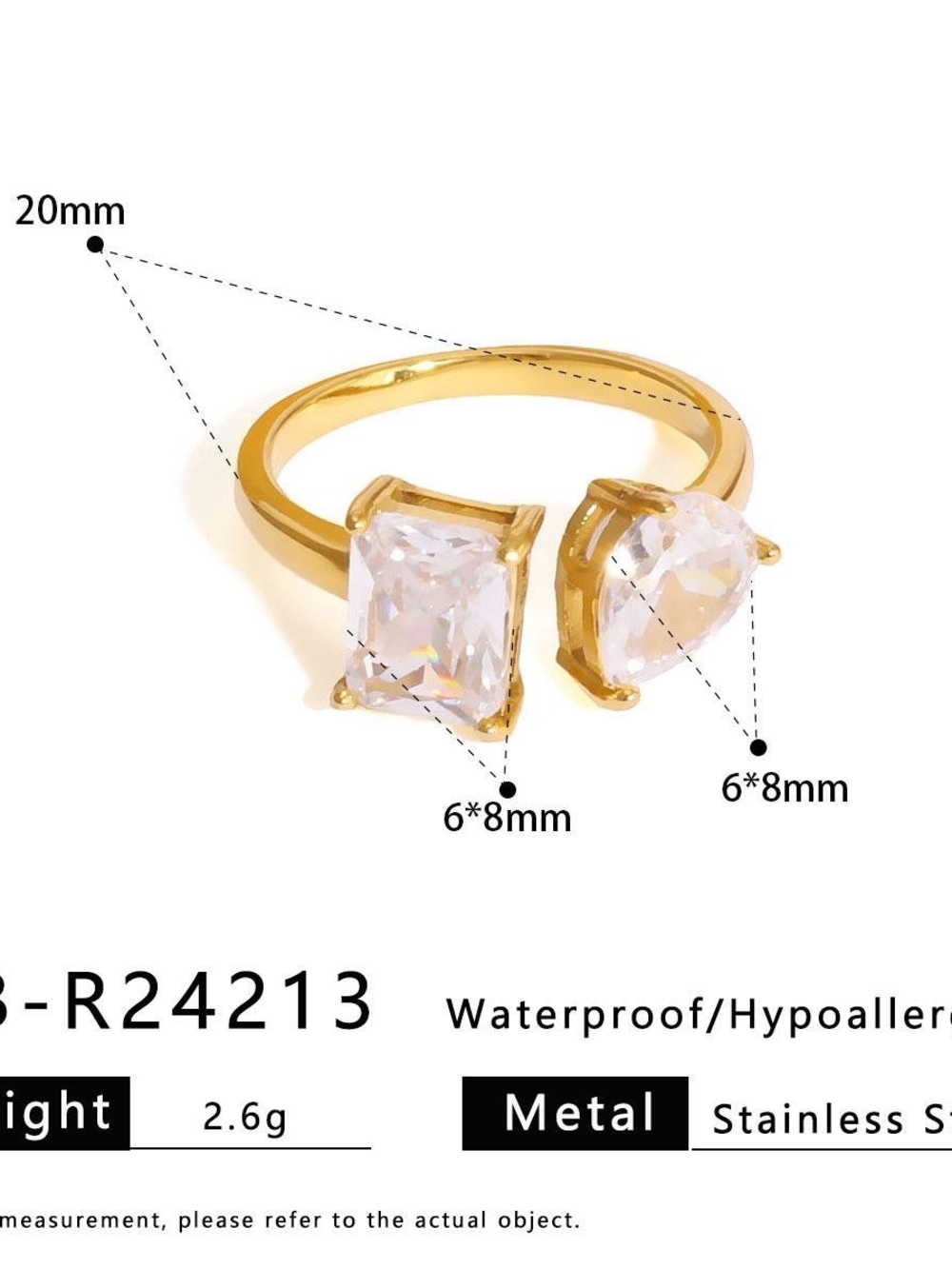 Gold Open Ring with Clear Rectangular and Heart Cubic Zirconia